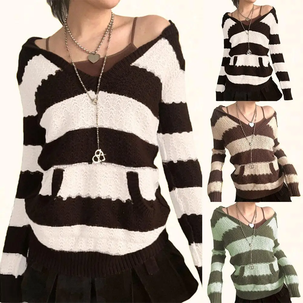 

Женский трикотажный свитер с капюшоном, полосатая Повседневная Свободная тонкая куртка с карманами, осень/зима, трикотажный топ с V-образны...