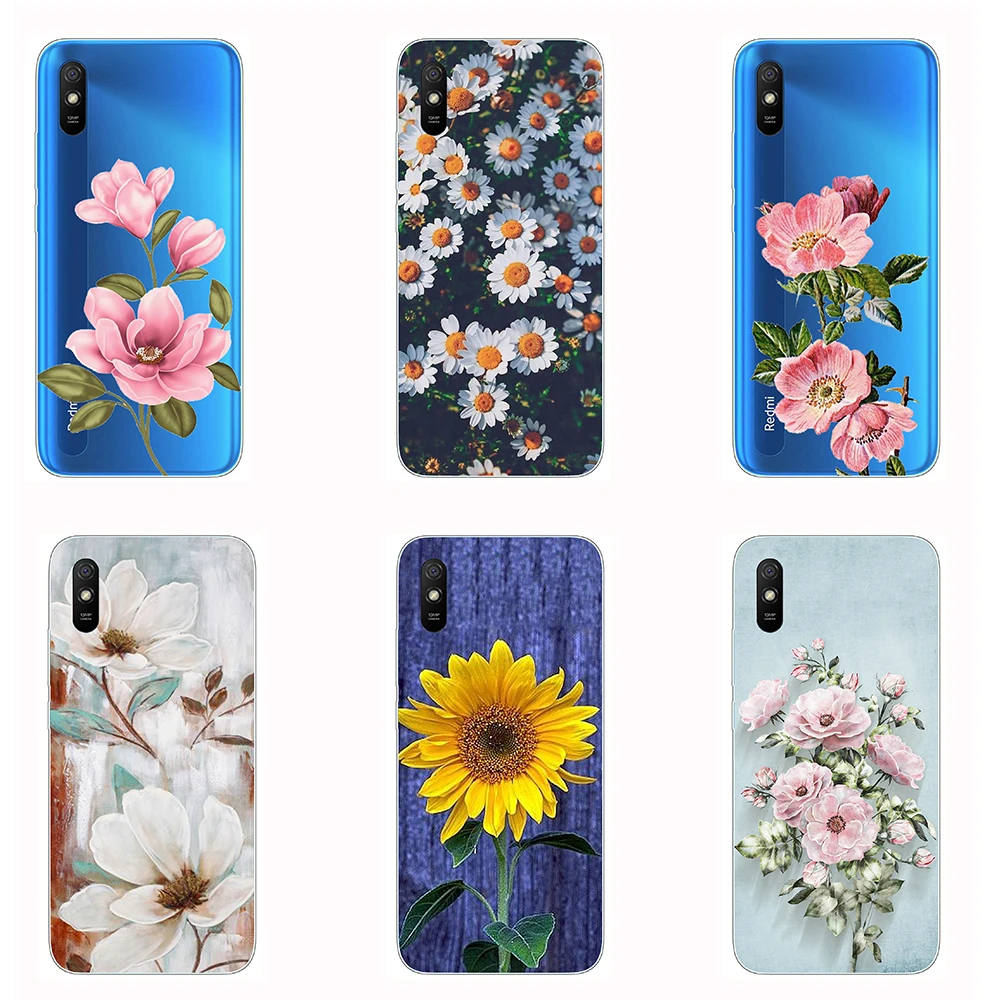 Силиконовый чехол для Xiaomi Redmi 9A с цветами и подсолнухом прозрачный мягкий из ТПУ
