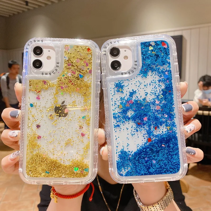 

Luxury Bling Glitter Liquid Quicksand 2IN1 Soft Case For iPhone 12 Pro Max 11 XR XS X 8 7 6s Plus 12 mini Shockproof Case Cover