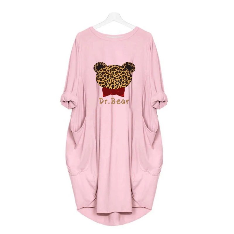 

Plus Size Women Dresses Autumn Loose Midi Dress Cute Bear Elephant Print Dresses Long Sleeve Pocket Vintage Casual Streetwear