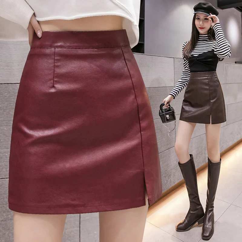 

CHIC Ins Celebrity Faux Leather Skirts Women Slim Split A-Line Mini Skirt Candy Colors Ladies Clothing