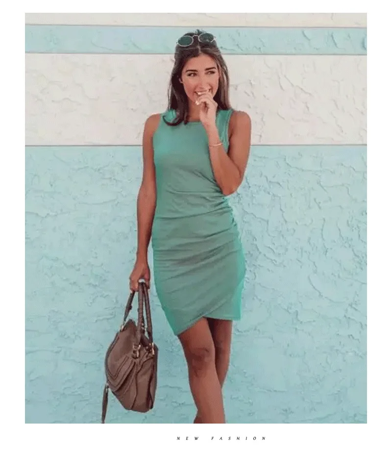 

Solid Knitted Hip Women's Dress O Neck Sleeveless Wide Strap Sexy Skinny Folds Mini Dress Skirt Beach Holiday Party 2021