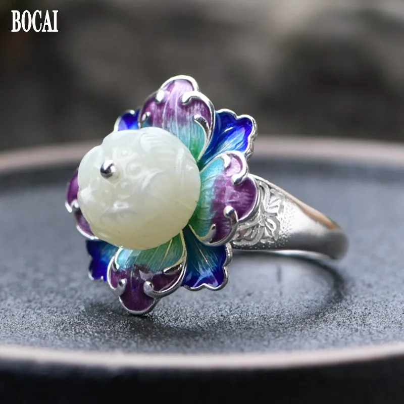 

BOCAI New Real S925 Pure silver jewelry woman ring vintage cloisonne enamel peony flower natural jade ring for women
