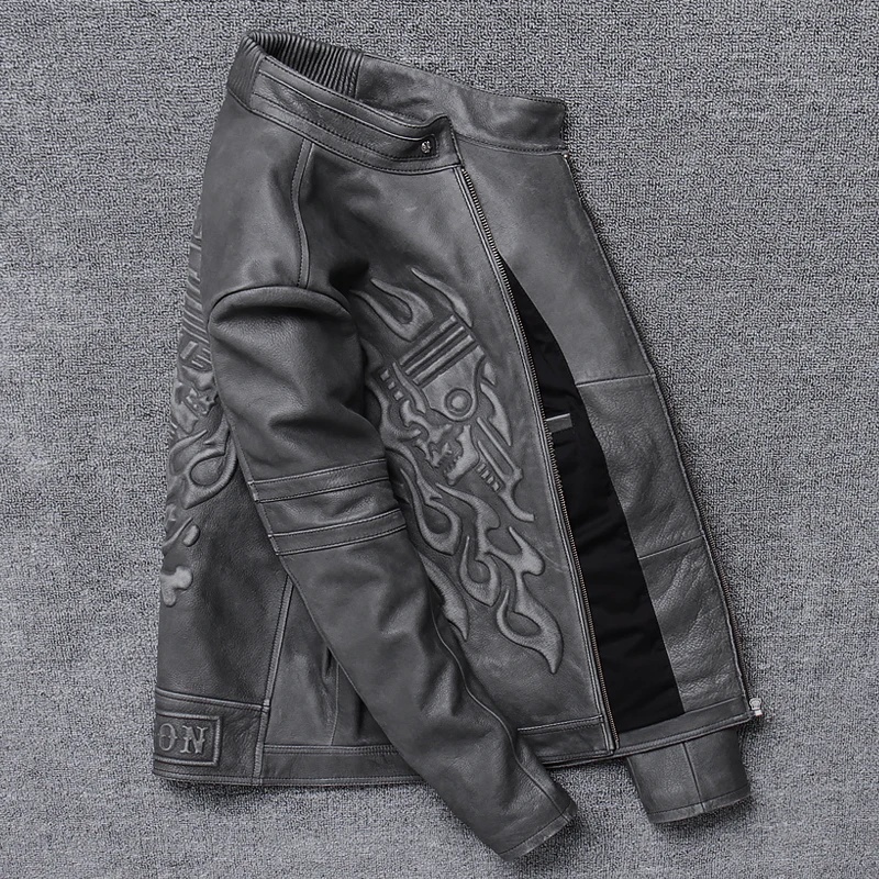 

URBANBARON Men's Vintage Skulls Leather Motorcycle Jackets Black Stand Collar Genuine Cowskin Slim Fit Winter Biker Coats