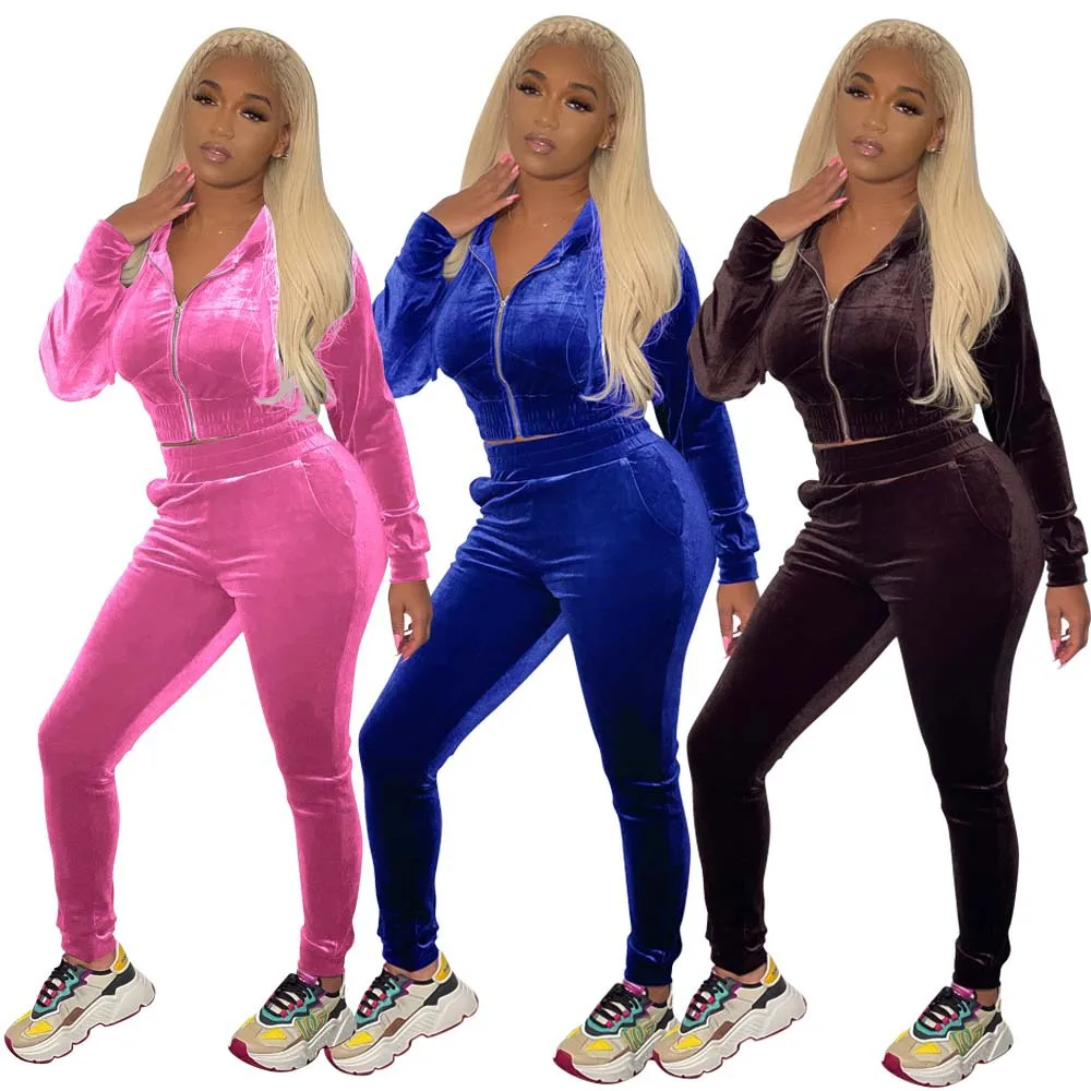 

Velvet Tracksuit Women Winter Outfits Fashion Zipper Hoodies Solid Color Slim Stretch Sexy Pants Suits Sportswear Wholesale