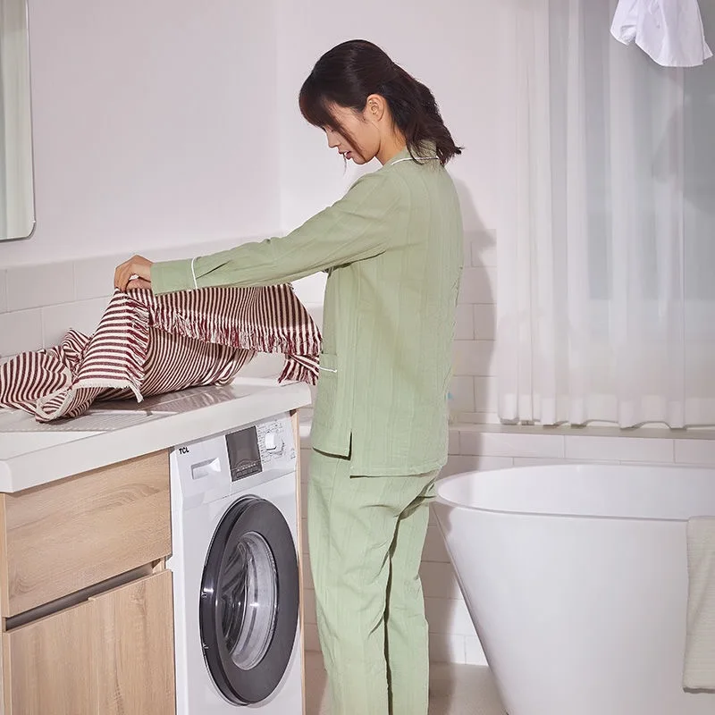

Spring New female Pajamas Set Solid Color Nightwear Long Sleeve Simple Style Cotton Turn-down Collar Sleepwear Loose Homewear