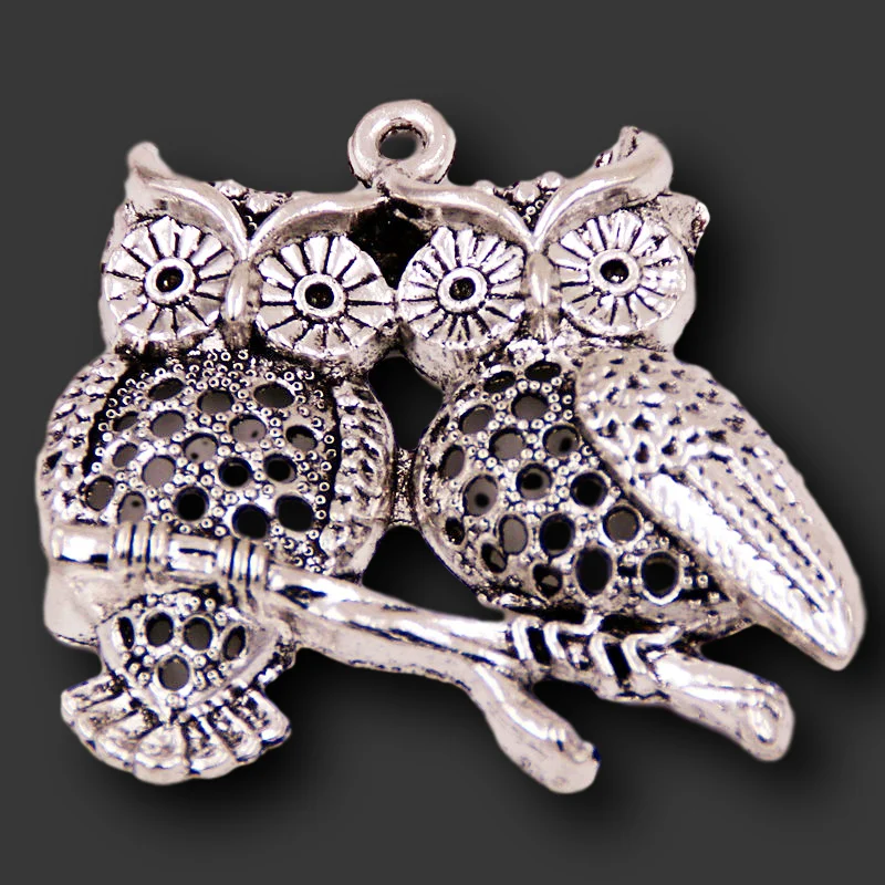 

3pcs Silver Plated Owl Pendant Hip Hop Style Animal Couple Charm Silver Color 42*39mm A433