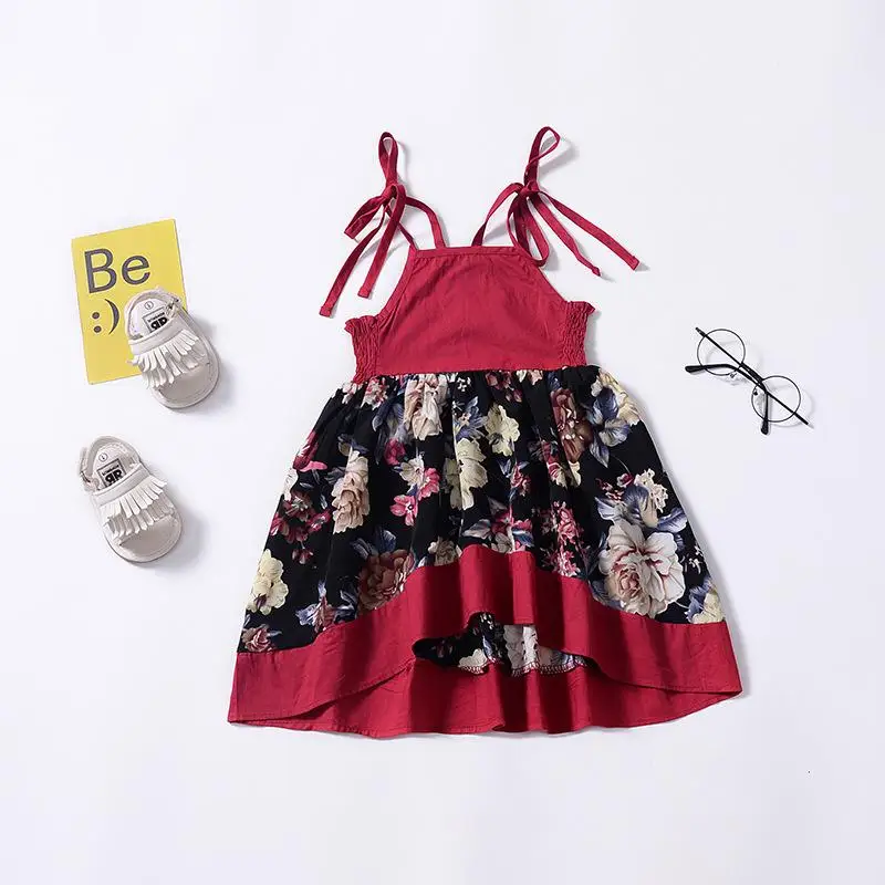 

Princess Dress Girls Sling Floral Print Patchwork Red swing Gowns Kids Casual Wedding Party Clothing
