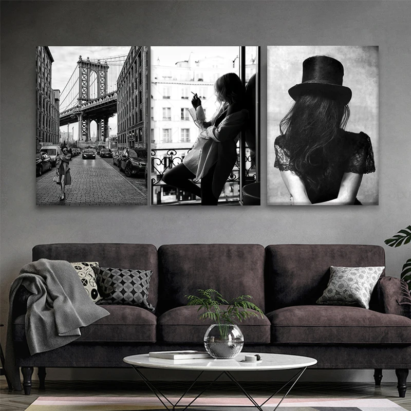 

Скандинавская черно-белая ретро фигурка пейзажа, модная женская Настенная картина, холст, постер, абстрактная печать, картина