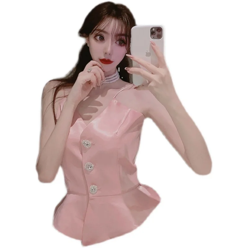 

V neck slim fit crop tops sexy spaghetti strap tanke top off shoulder solid color sling sleeveless versatile camisole streetwear