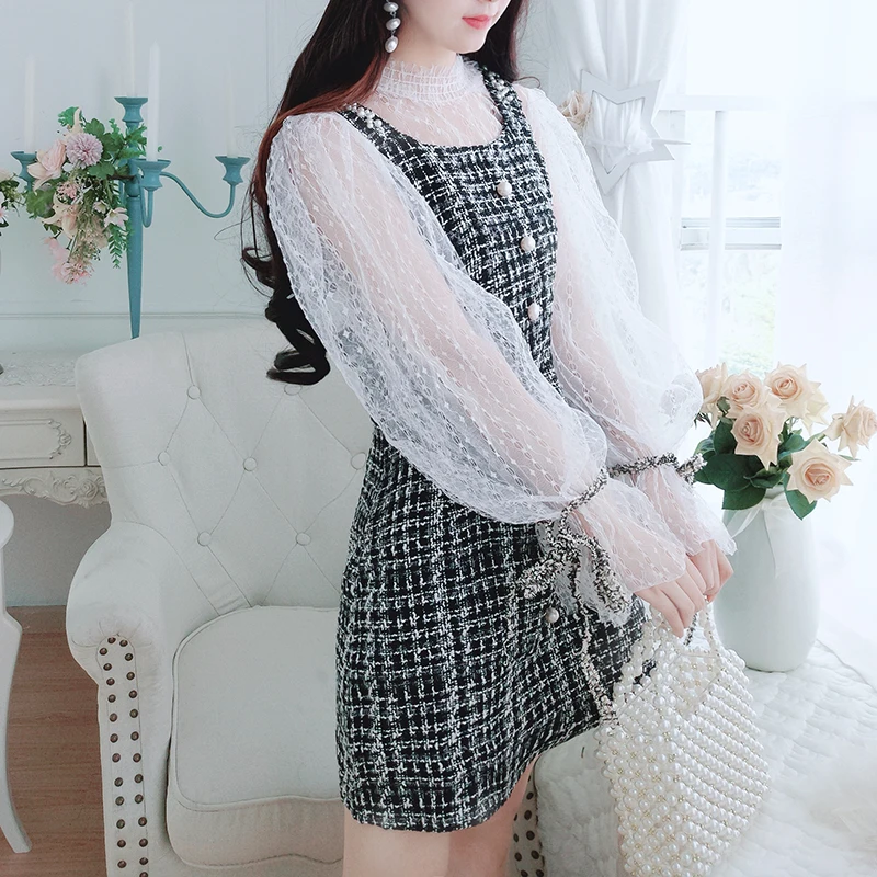 Милые Женские Осенние Женский комплект 2 шт. с рукавом-фонариком белые сетчатые