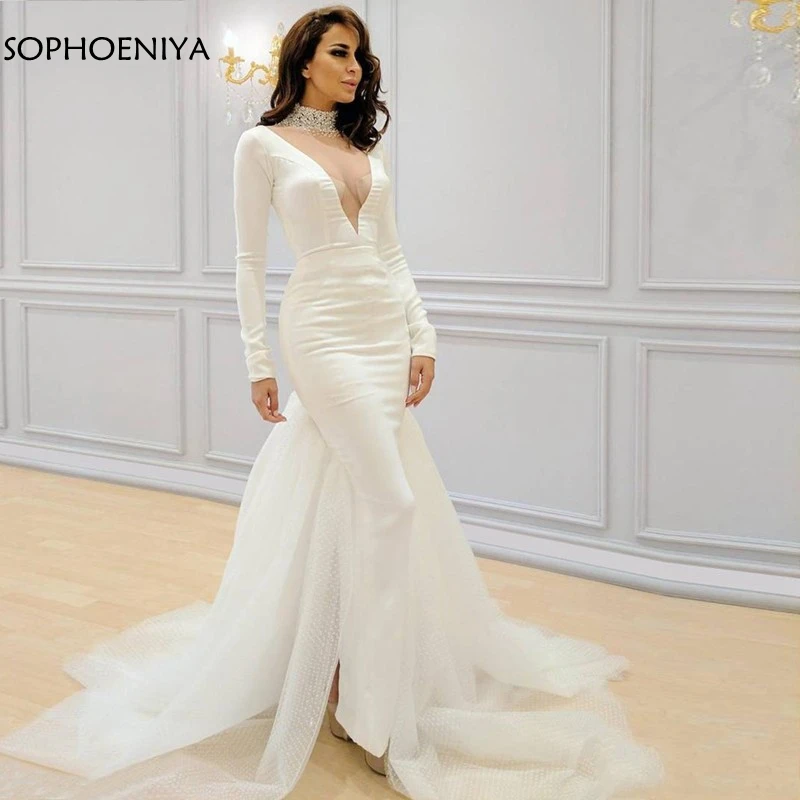

New Arrival White Long sleeve evening dresses 2020 mermaid dress High Neck Islamic Dubai Saudi Arabic Muslim evening dress