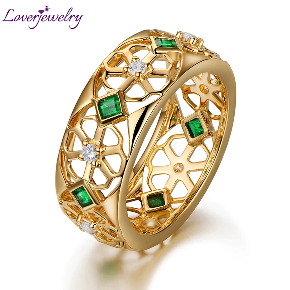 

LOVERJEWELRY Gold Bands Rings Pure Au585 14Kt Yellow Genuine Diamonds Emerald Ring Bands for Women Engagement Fine Jewellery
