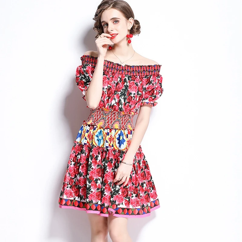 

Runway Ruffle Floral Print Women Off Shoulder Slash Neck Backless Summer Dress Mini Party Vestido
