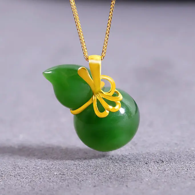 

Natural Hetian Jade Green Jade Pendant Gourd S925 Sterling Silver Pendant Women's Necklace Hanging Ornament Pendant Clavicle C