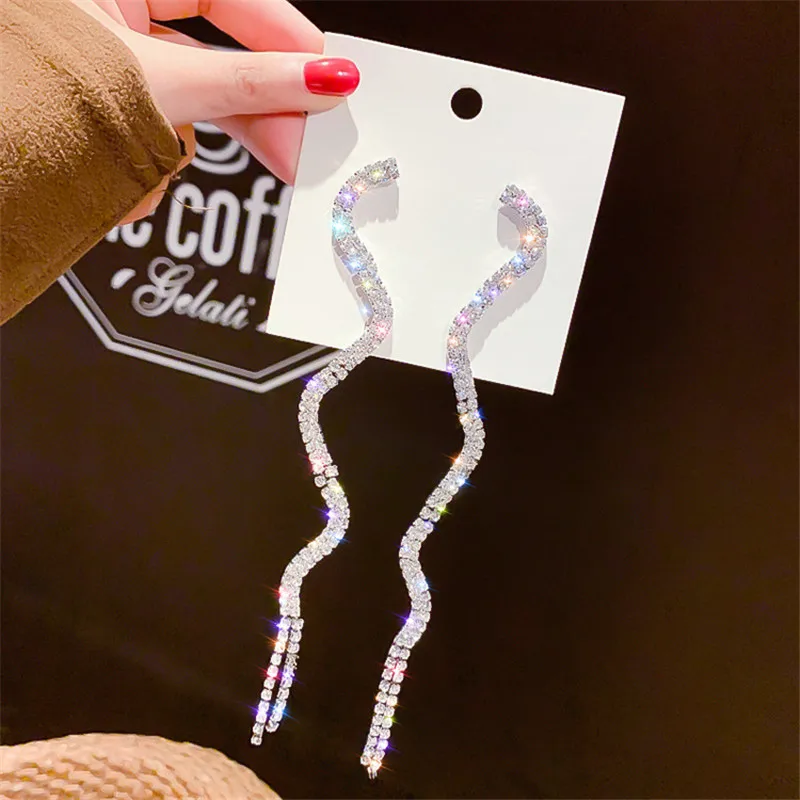 Long Tassel Crystal Drop Earring For Women Shiny Gold Silver Color S Shape Rhinestone Dangle Wedding Party Jewelry | Украшения и