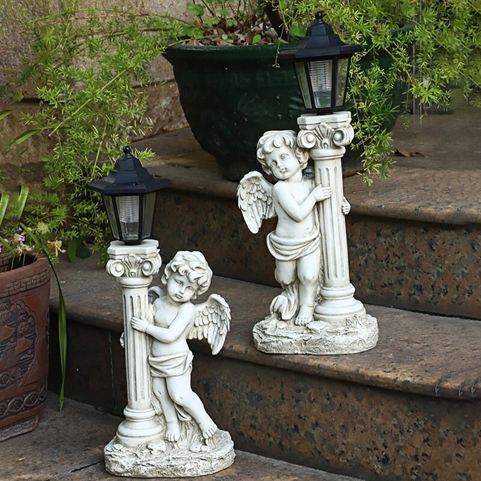 

Courtyard Outdoor Decor Garden Landscape Decoration Sculpture Roman Column Angel Memorial Statue With Solar Light