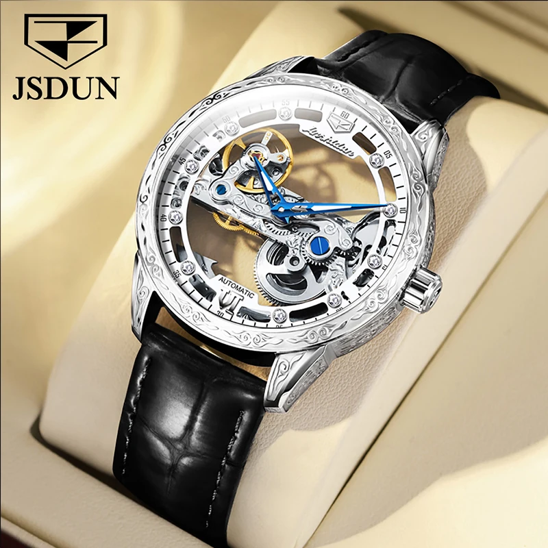 

JSDUN Men Luxury Watch Classic Skeleton Men's Automatic Mechanical Wristwatch Transparent Sapphire Waterproof Leather Watches