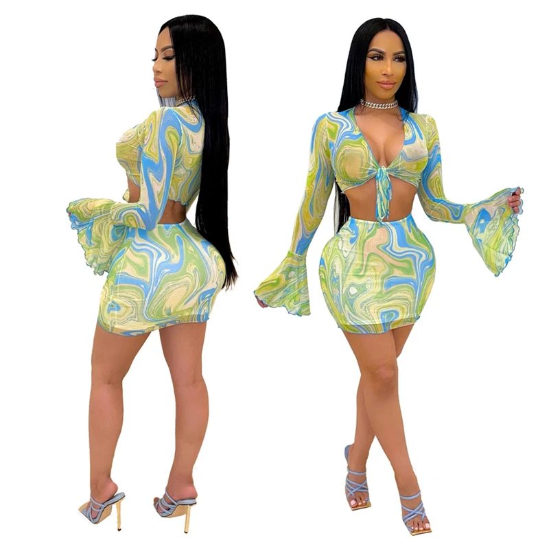 

Adogirl Tie Dye Leopard Print Women Two Piece Skirt Set Lace Up Flare Long Sleeve Blouse Crop Top Bodycon Mini Petticoat Suit