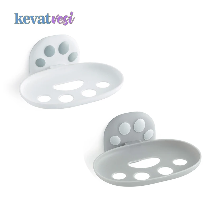 

2020 Creative Cat Paw Print Soap Dish Box Wall Mounted Soap Holder Kitchen Sponge Rack Bathroom Storage Rack Bathroom Organizer