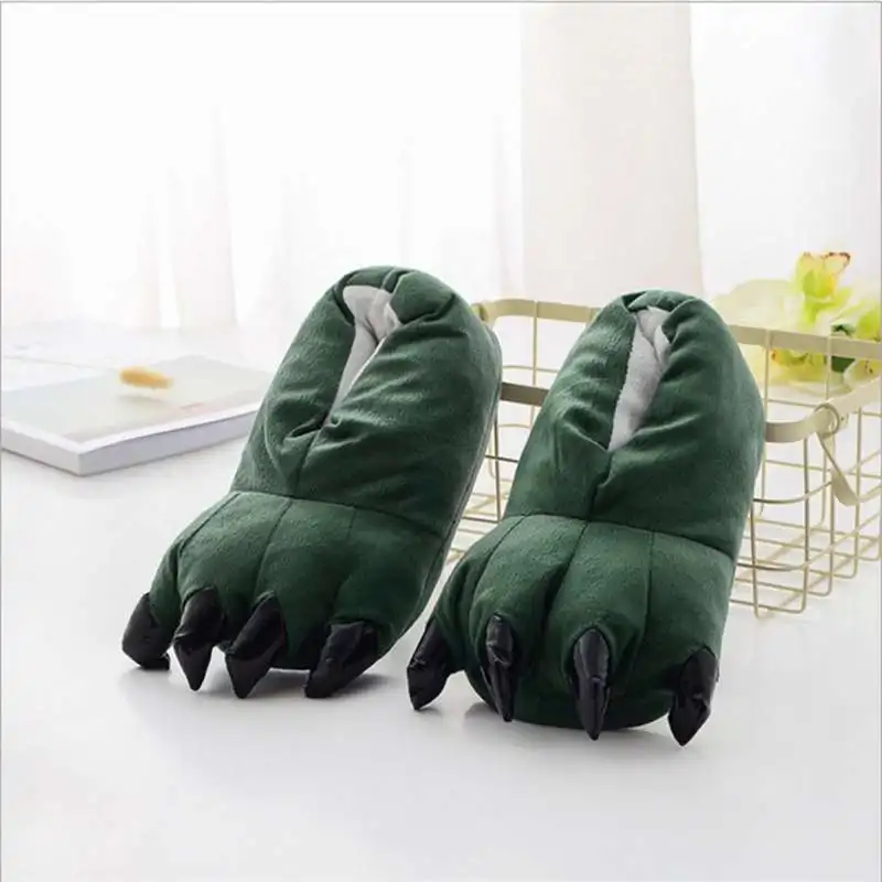 Green Girseaby/ Зимние теплые мягкие домашние тапочки Для женщин Для мужчин; домашняя обувь с забавными животными Monster Claw; pantoufle; zapatos - Цвет: Green