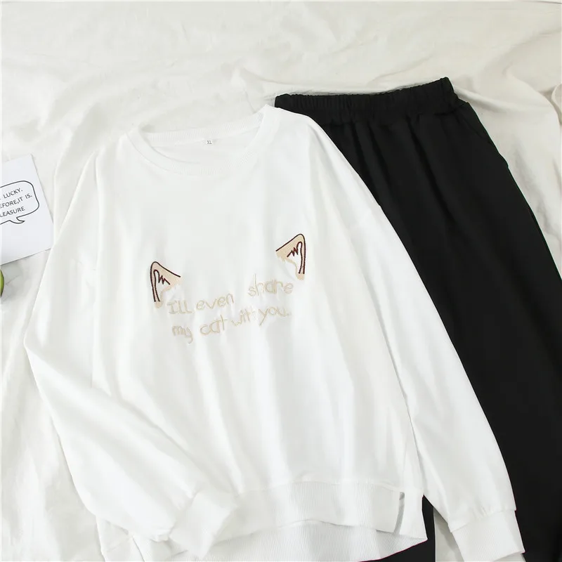 

Zoki Loose Women Two Piece Outfits Spring Hoodies Cartoon O Neck Tracksuit Black Elastic Waist Ankle-Length Pants Joggers Set