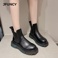 jfuncy women ankle boots platform chelsea round toe platform slip on elastic black chunky female short boot trend womens shoes