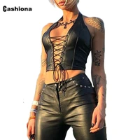 cashiona womens pu leather camis top summer casual shirt 2021 female lace up sleeveless vest clothing sexy v neck tank tops