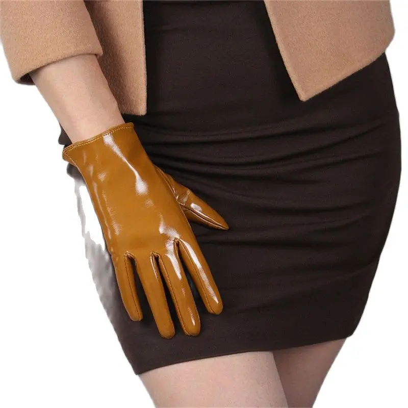 

21cm Touchscreen Short Gloves Emulation Leather Mirror Patent Leather Matte leather Bright Black White Women Gloves PU99-21
