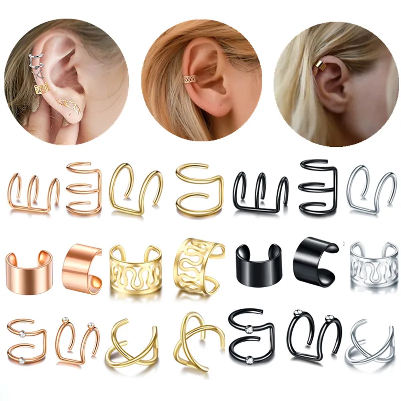 12PCS Stainelss Steel Clip On Ear Cuff Earring Set Fake Cartilage Earring Lot No Piercing Clip On Earrings Set Earcuff For Women