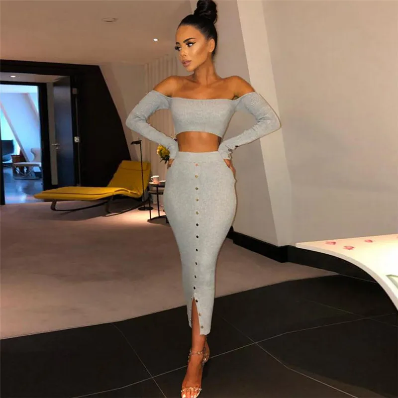 Женский комплект из двух предметов юбка с заклепками и длинным рукавом