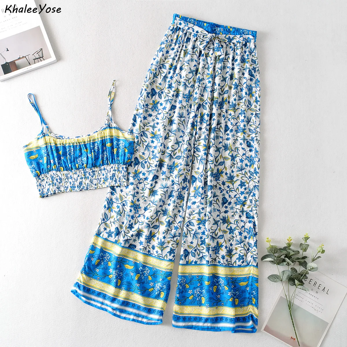 

KHALEE YOSE Blue Floral print Summer 2 Piece Sets Women Sexy Crop Top Wide Leg Pant Two Piece Sets Hippie Beach Outfits Sets