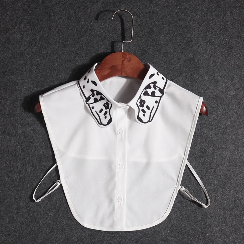 

573B Office Lady Spotty Dog Print Lapel Fake Collar Detachable Dickey White Blouse Women Work Button Down Chiffon Half Shirt