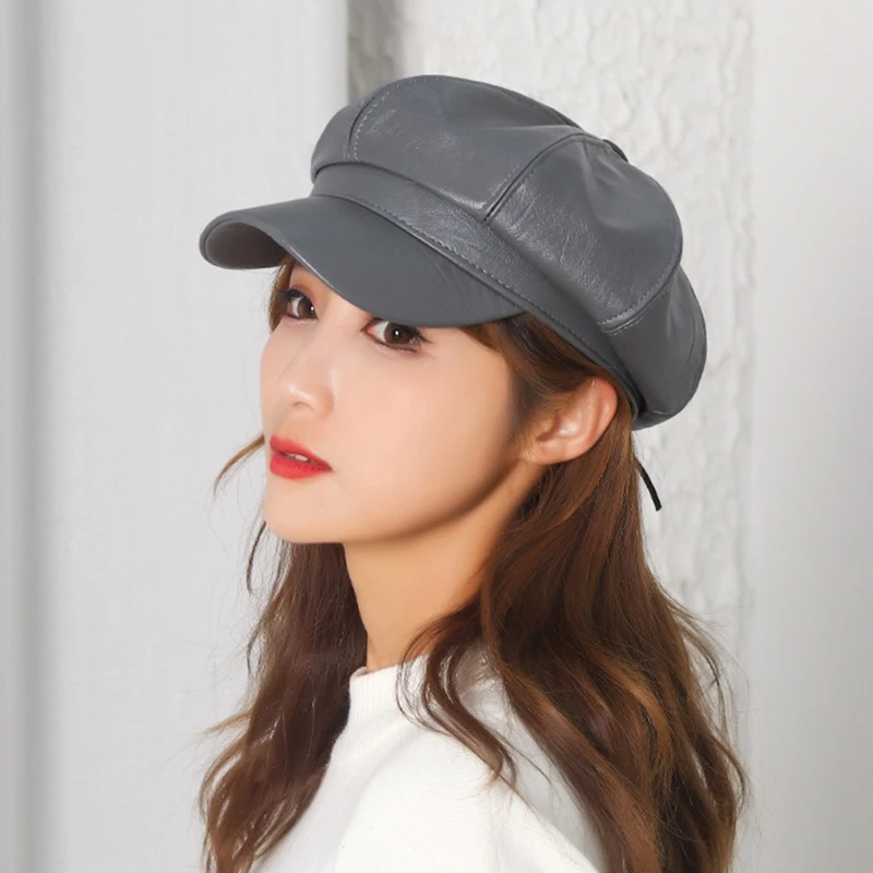 

New Female Autumn Winter Beret Hats Pu Leather Beret Cap Boina Feminina Gorras Bone metal Vintage England For Women Ladies