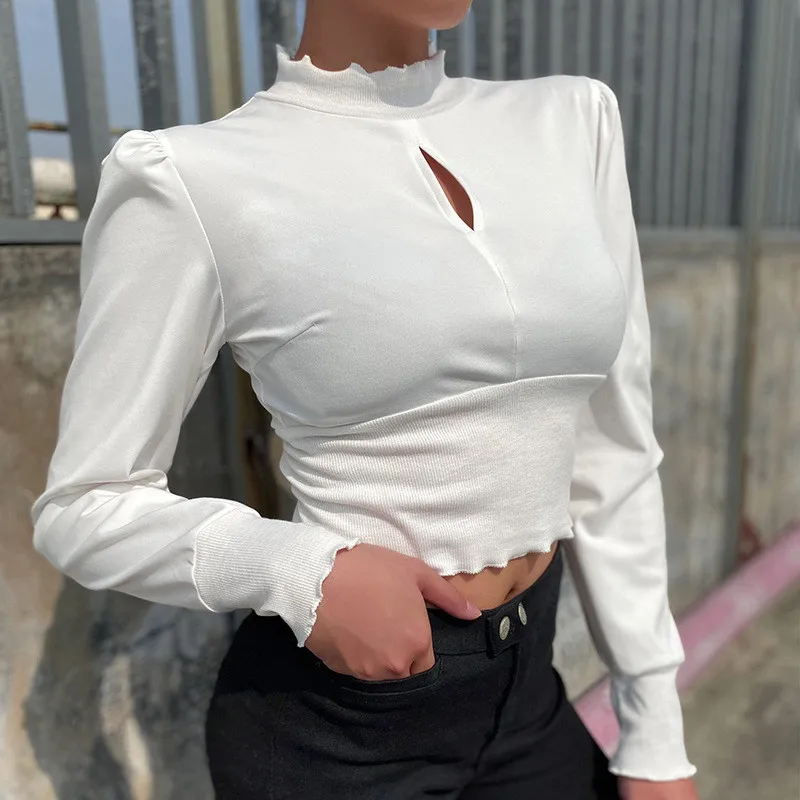 Женская трикотажная рубашка с длинным рукавом Замочная скважина вырез открытые