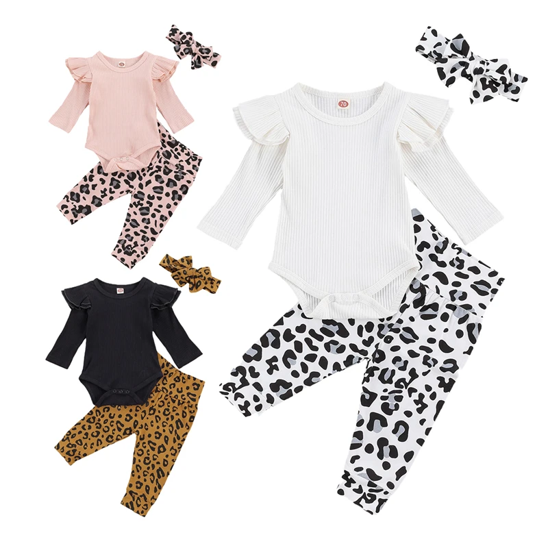 

BY Baby Girl’s Clothes Solid Color Flying Sleeve Jumpsuit Leopard Trousers Headband Girls Clothing Set Autumn Baby Knitted