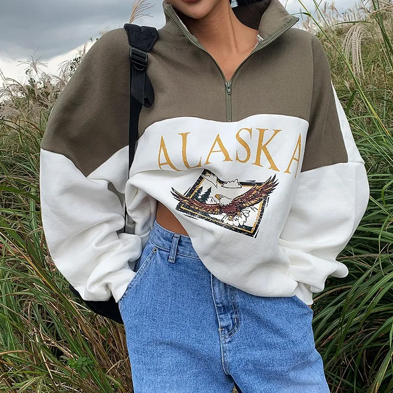

2021 Spring Women Sweatshirts Vintage Streetwear Letter Printed Hoodies Women Back To The Basics Loose Sweatshirt with Fleece