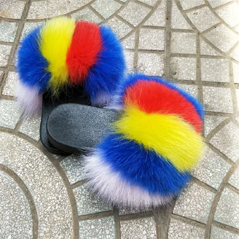 

New Designer Women Summer Luxury Fluffy Furry Fur Slippers Indoor Warm Fuzzy Flip Flops Plush Slides Shoes Vendor Beach Sandals