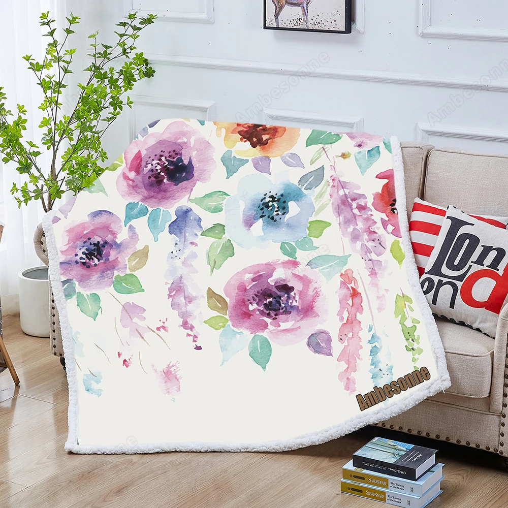 

Floral Background Blanket Watercolor Floral Bouquet Blankets for Beds Velvet Front and Fuzzy Sherpa Back Throw Blanket