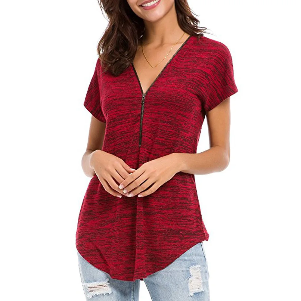 

2021 Новое летнее женское платье с v-образным воротом, с коротким рукавом, тонкая футболка, модная, повседневная, на молнии, однотонные футболк...