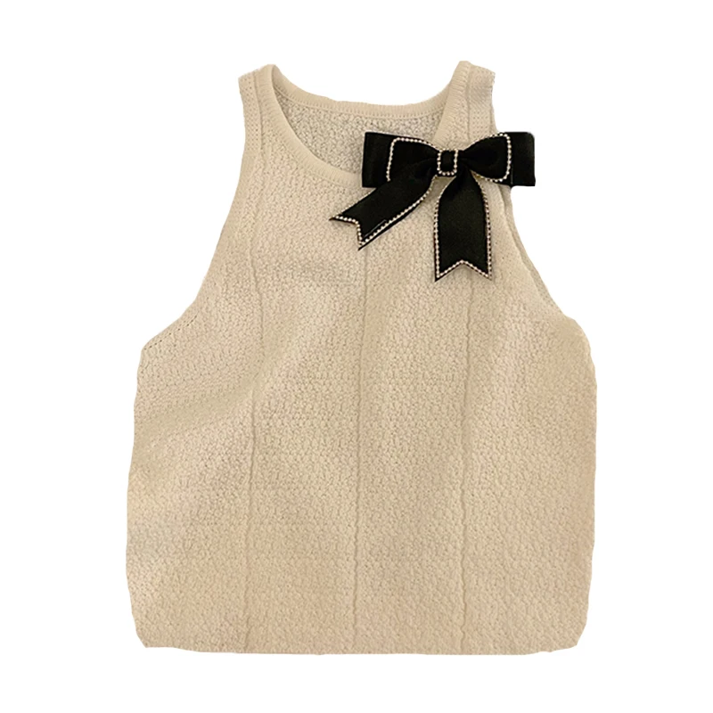 

Sweet Rhinestone Bow Sling Vest for Women Slim Sleeveless Knitted Short Tank Top Female Sexy White Crop Top Sweater