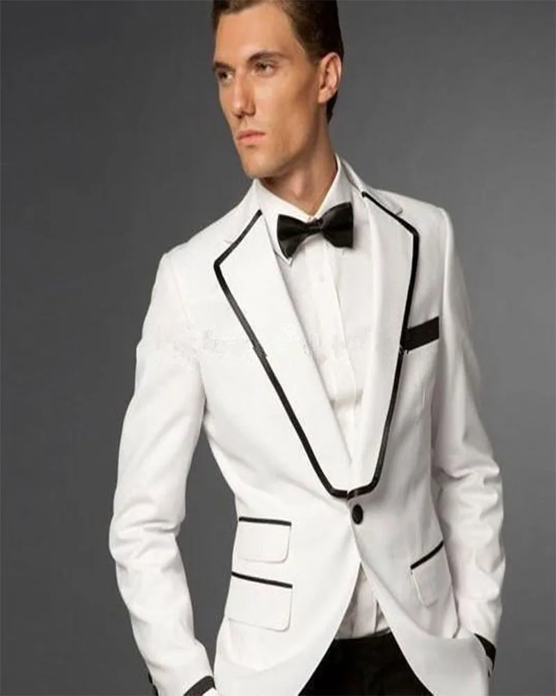 

Мужской комплект из блейзера и брюк, белый смокинг для жениха с вырезом на лацканах и черных брюк, костюм для свадьбы, выпускного вечера, 2022