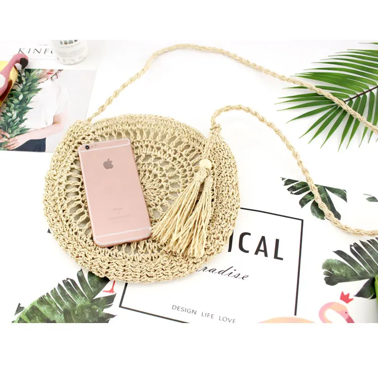 

Rattan Woven Round Women Straw Bag Handbag Knit Summer Beach Bag Woman Shoulder Messenger Bag Tassel Khaki Beige Bags