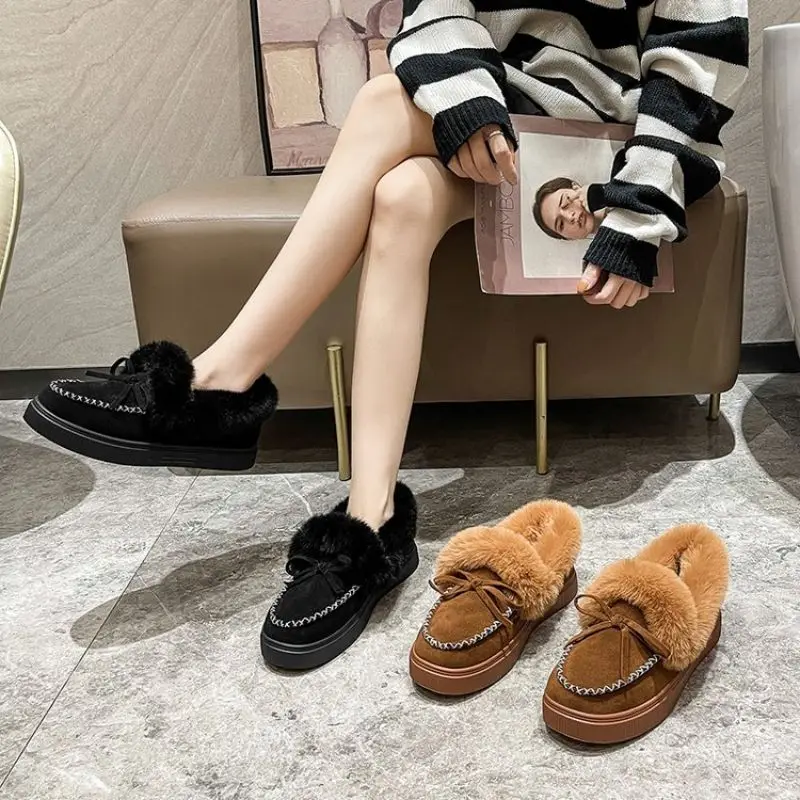 

Winter Women Loafers Imitation Suede Bowknot Decoration Round Toe Thick-soled Snow Boots Keep Warm and Comfortable KZ119