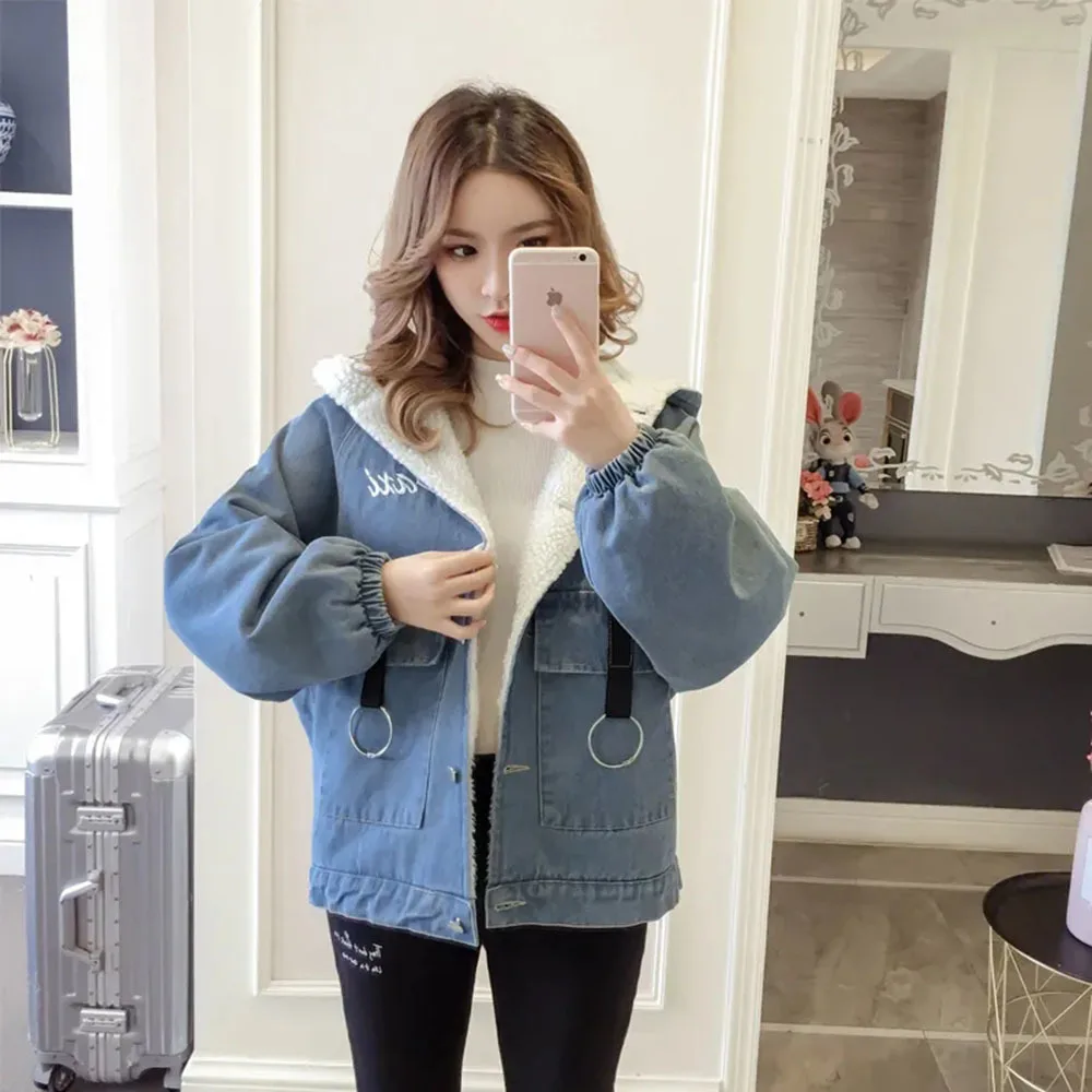 

Winter Thick Women's Faux Lamb Wool Lining Denim Jacket 2021 Korean Version New Loose Jean Coat Embroidered Hooded Jacket Women