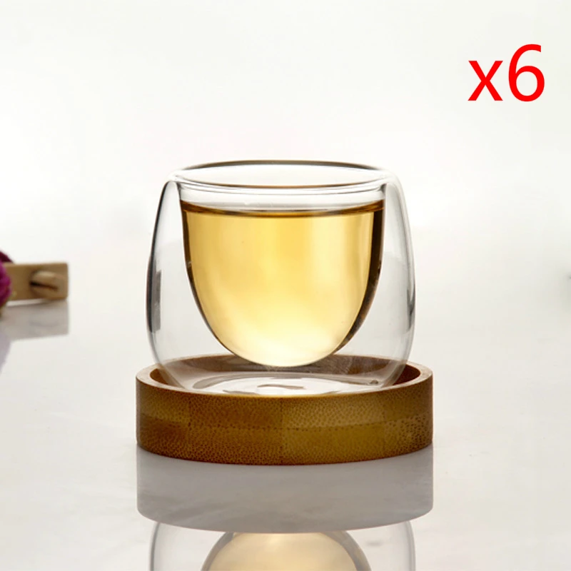 6 Cups With Holder 6 шт. двойные стеклянные чашки для чая, бамбуковая подставка, анти-Горячая ТАСС, кафе, маленький Эспрессо, кофе, Улун пуэр, чашки для чая Tazas Copo - Цвет: 6 Cups With Holder