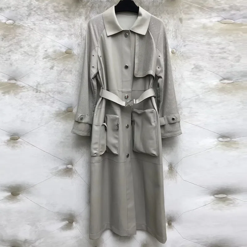 Тренч из натуральной кожи женское модное пальто овчины с поясом новый длинный