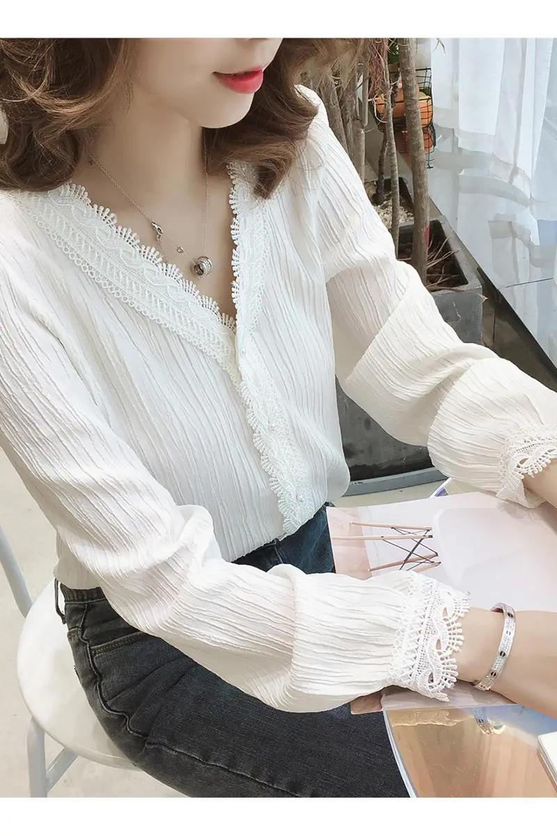 Spring Summer Women's Blouse Chiffon Shirt Long-sleeved V-neck Student Very Fairy White Blouse Lace Edge Western Style Shirt