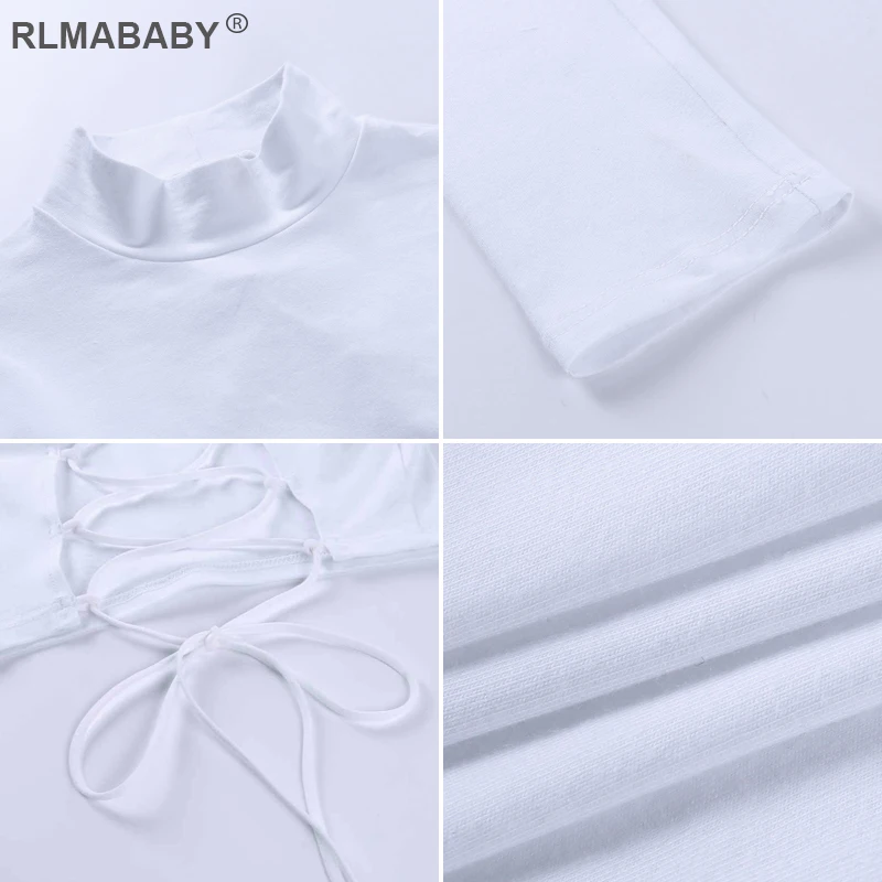 

Fashion Sexy Skinny Backless Criss-Cross Bandage Cropped Tshirt Casual White Turtleneck Long Sleeve 2021 Spring Autumn Women Top