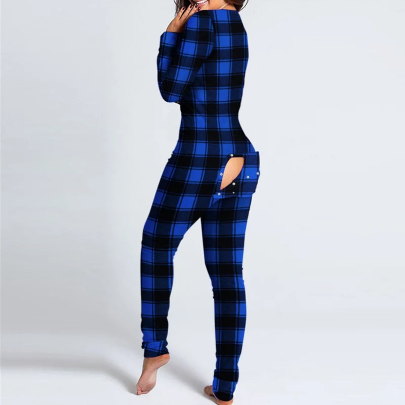 

2021 Spring Women Button Flap Adults Homewear Elegant Plaid Printed V-Neck Jumpsuits Casual Female Long Sleeve Pajamas Playsuits